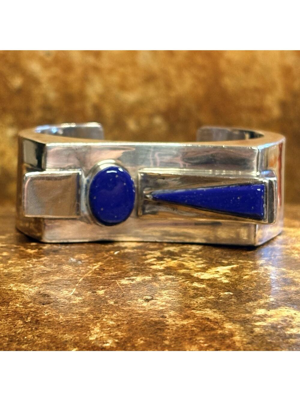 Native American Chester Nez 3D Cuff Bracelet Sterling Silver and Lapis Modernist